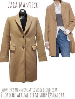 Zara Manteco Women's Menswear Style wool blend Long trench coat xs Camel Toffee